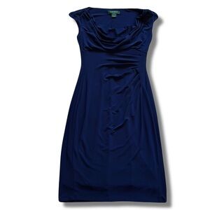 37 Ralph Lauren Navy Blue Draped Sheath Dress Cap Sleeve Ruched Midi Size 2
